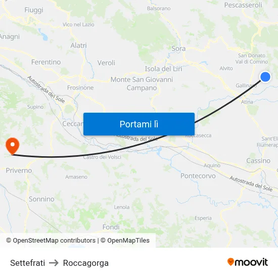 Settefrati to Roccagorga map