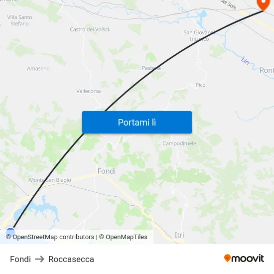Fondi to Roccasecca map