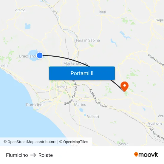 Fiumicino to Roiate map