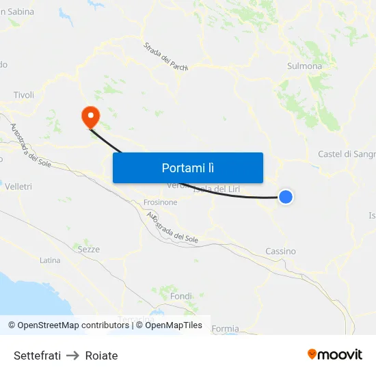 Settefrati to Roiate map
