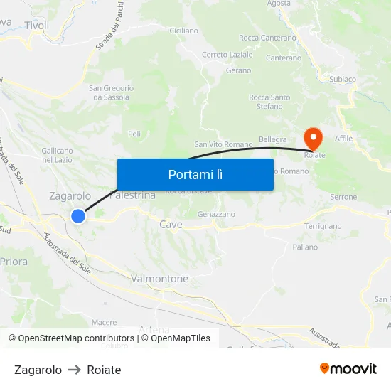 Zagarolo to Roiate map