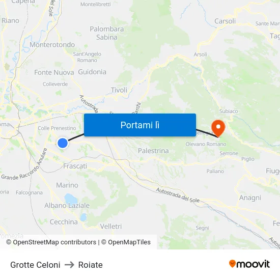 Grotte Celoni to Roiate map