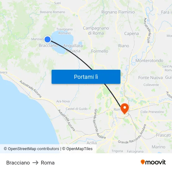 Bracciano to Roma map