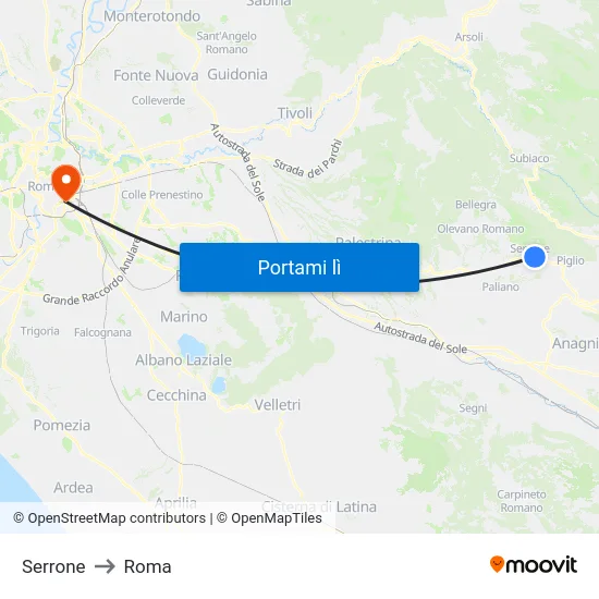 Serrone to Roma map