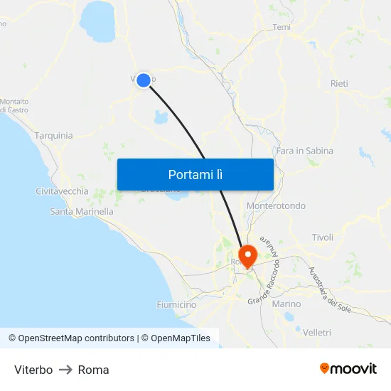 Viterbo to Roma map