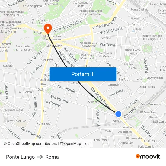 Ponte Lungo to Roma map