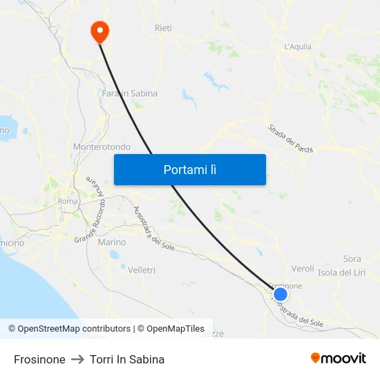 Frosinone to Torri In Sabina map