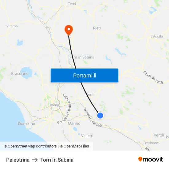 Palestrina to Torri In Sabina map