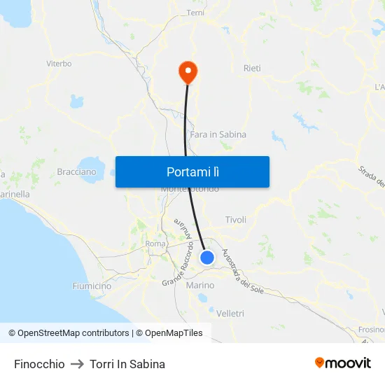 Finocchio to Torri In Sabina map