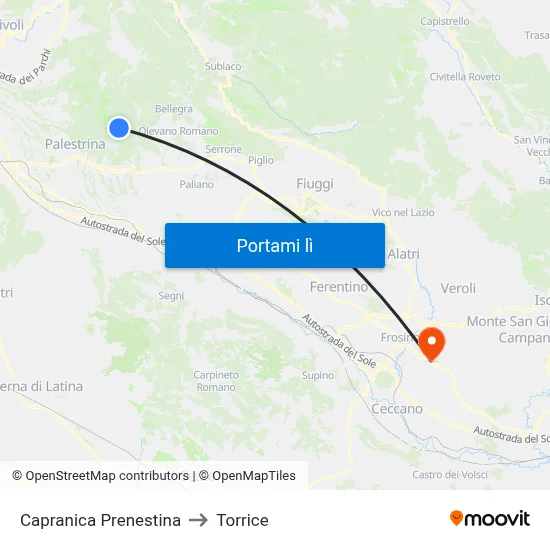 Capranica Prenestina to Torrice map