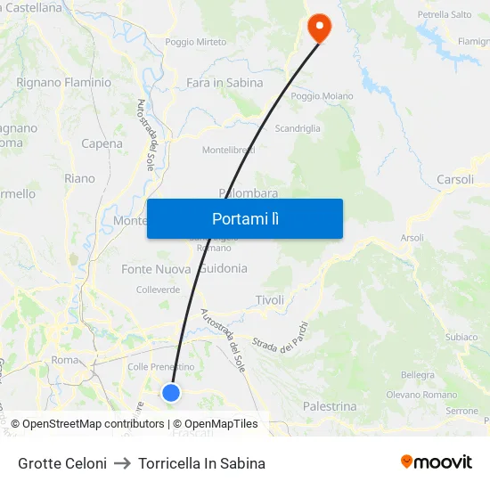 Grotte Celoni to Torricella In Sabina map