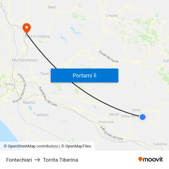 Fontechiari to Torrita Tiberina map