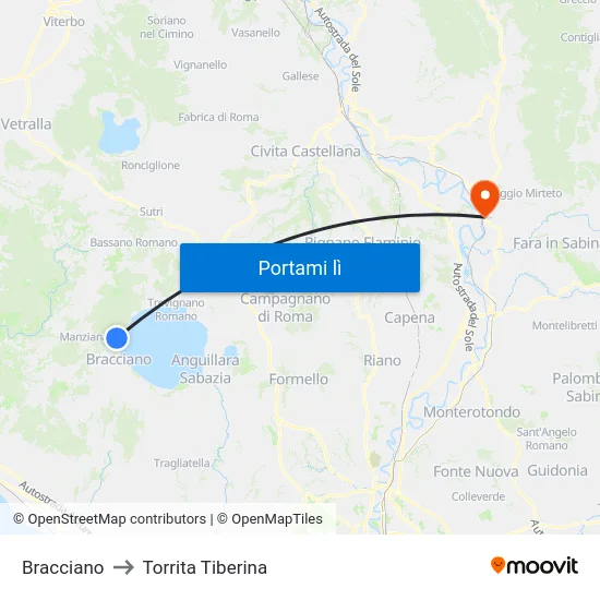 Bracciano to Torrita Tiberina map