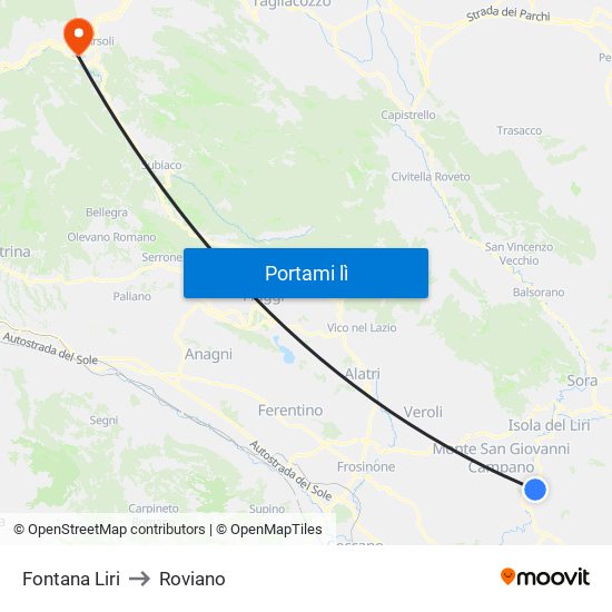 Fontana Liri to Roviano map