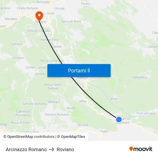 Arcinazzo Romano to Roviano map