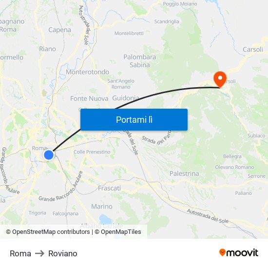 Roma to Roviano map