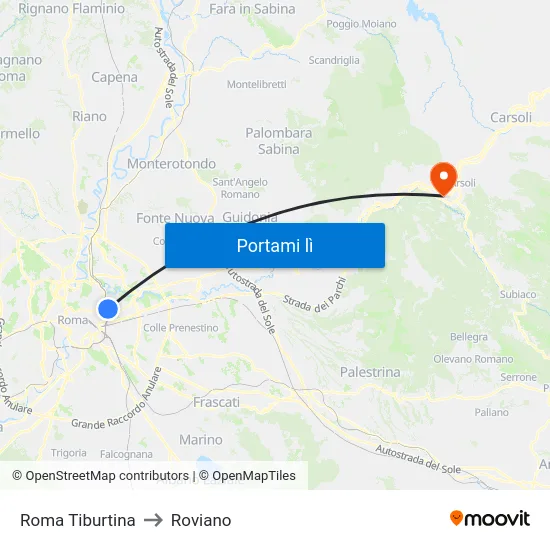 Roma Tiburtina to Roviano map