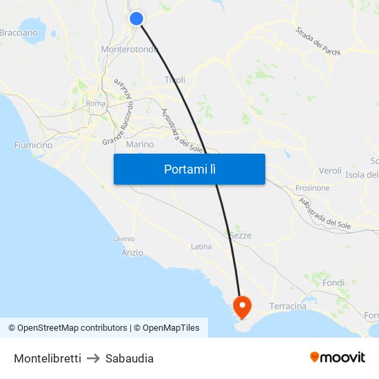 Montelibretti to Sabaudia map