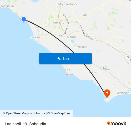 Ladispoli to Sabaudia map