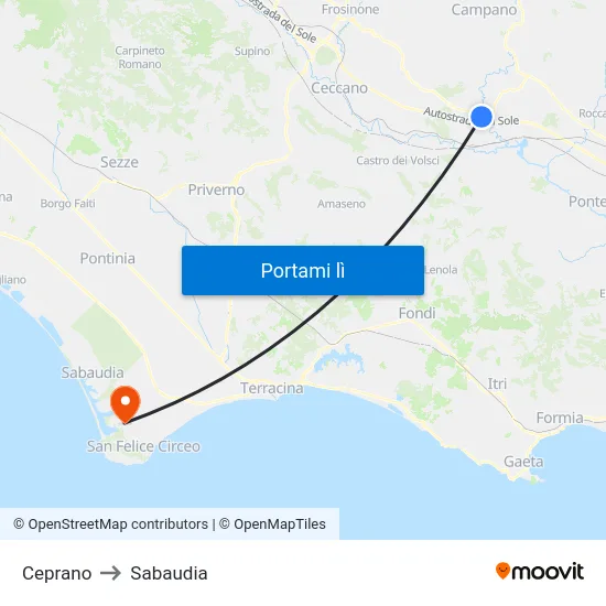 Ceprano to Sabaudia map
