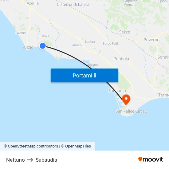 Nettuno to Sabaudia map