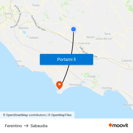 Ferentino to Sabaudia map