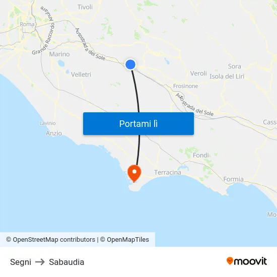 Segni to Sabaudia map