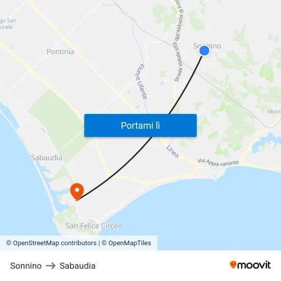Sonnino to Sabaudia map