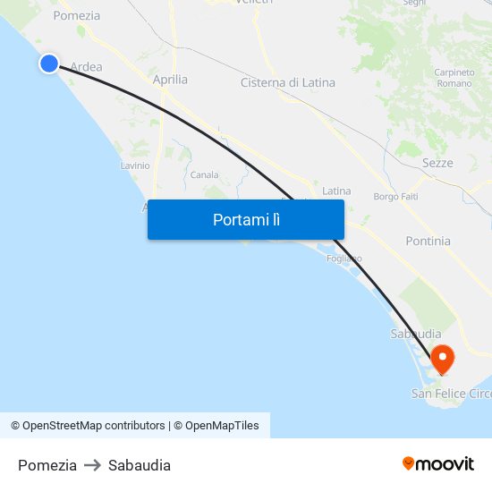 Pomezia to Sabaudia map