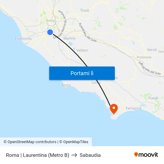 Roma | Laurentina (Metro B) to Sabaudia map