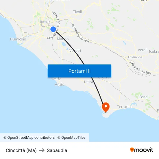 Cinecittà (Ma) to Sabaudia map