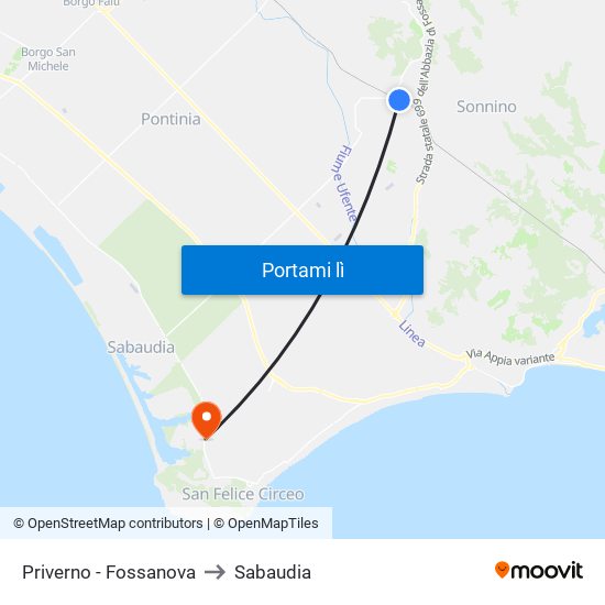 Priverno - Fossanova to Sabaudia map