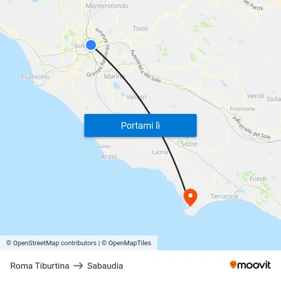 Roma Tiburtina to Sabaudia map