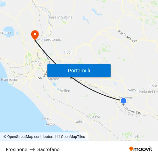 Frosinone to Sacrofano map