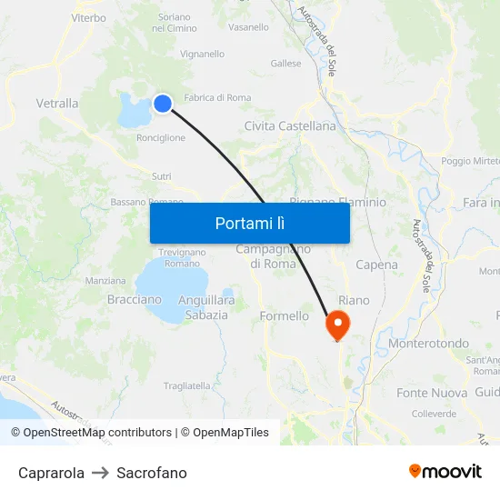 Caprarola to Sacrofano map