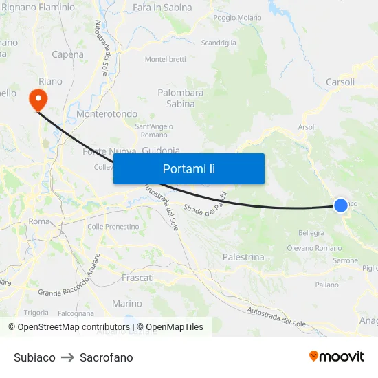 Subiaco to Sacrofano map