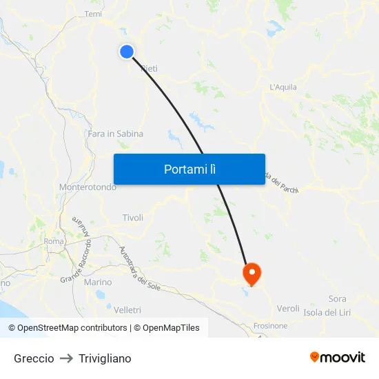 Greccio to Trivigliano map
