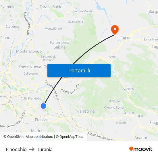 Finocchio to Turania map