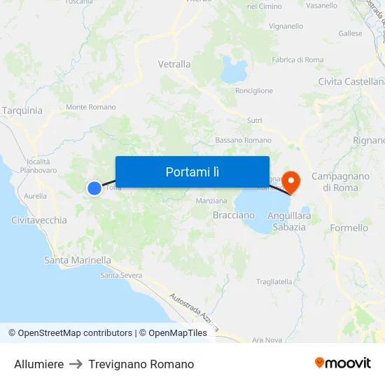 Allumiere to Trevignano Romano map