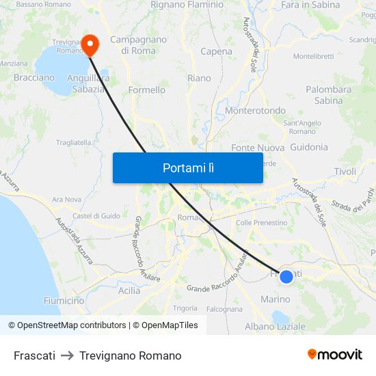 Frascati to Trevignano Romano map