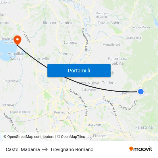 Castel Madama to Trevignano Romano map