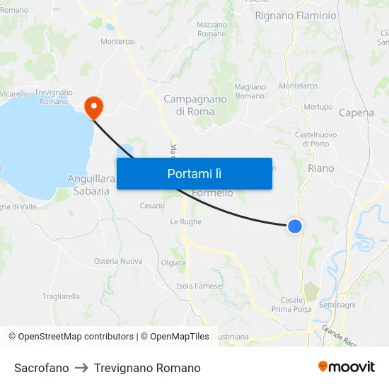 Sacrofano to Trevignano Romano map
