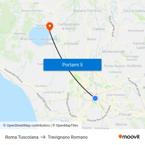 Roma Tuscolana to Trevignano Romano map