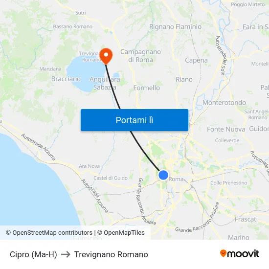 Cipro (Ma-H) to Trevignano Romano map