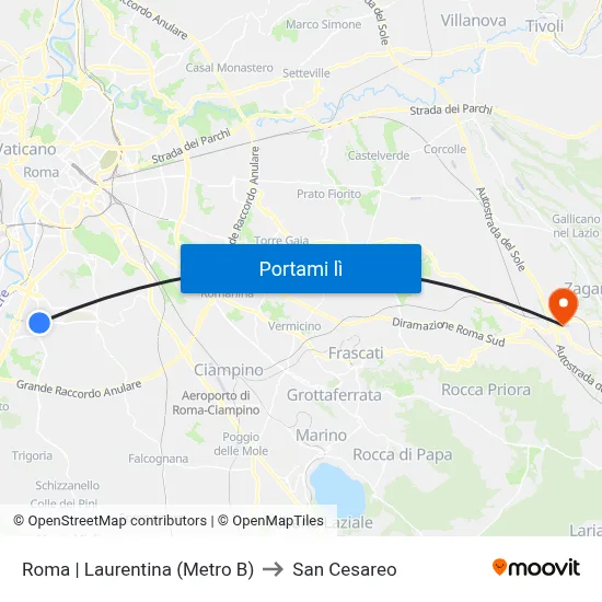 Roma | Laurentina (Metro B) to San Cesareo map