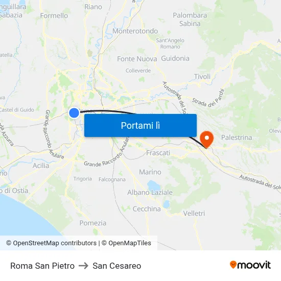 Roma San Pietro to San Cesareo map