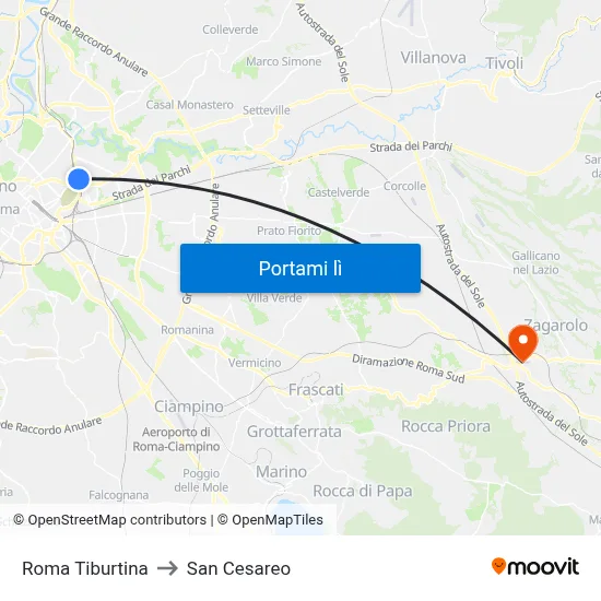 Roma Tiburtina to San Cesareo map