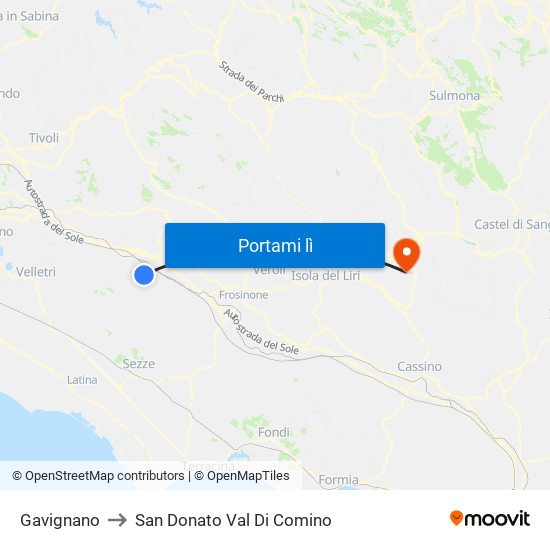 Gavignano to San Donato Val Di Comino map
