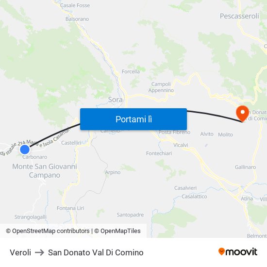 Veroli to San Donato Val Di Comino map