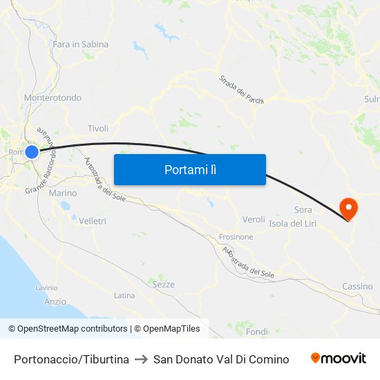 Portonaccio/Tiburtina to San Donato Val Di Comino map